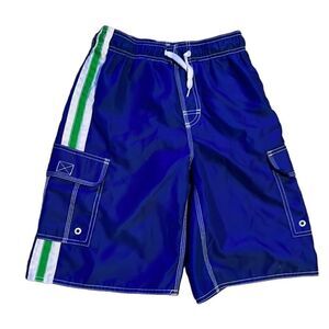 Old Navy Boys Large 10-12 Dark Royal Blue Green White Side Stripe Swim Trunks
